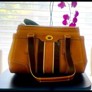 Coach “Hampton” embossed all leather brown carry all satchel